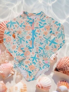 Ruffle Butts Girl's Peach & Teal Floral Long-Sleeve Onepiece Rash Guard Swimsuit